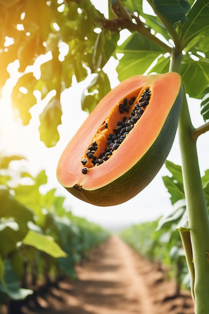foto di una papaya su una terra agricola con uno sfondo sfocato