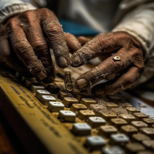 Foto di una persona che digita su una macchina da scrivere con le mani sporche