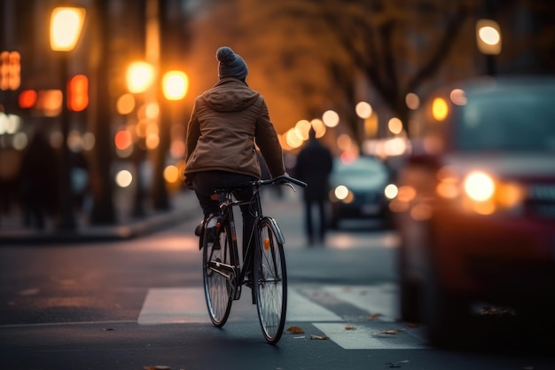 Foto di una persona che guida una bicicletta nella folla della città sotto le luci di notte in città