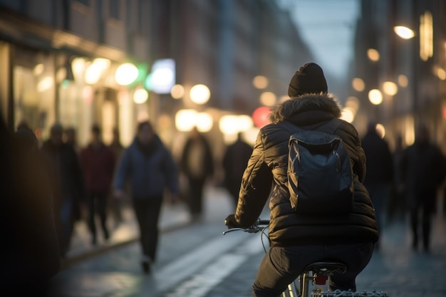 Foto di una persona che guida una bicicletta nella folla della città sotto le luci di notte in città