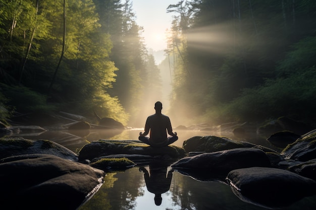 Foto di una persona che pratica la consapevolezza in un ambiente naturale AI generativa