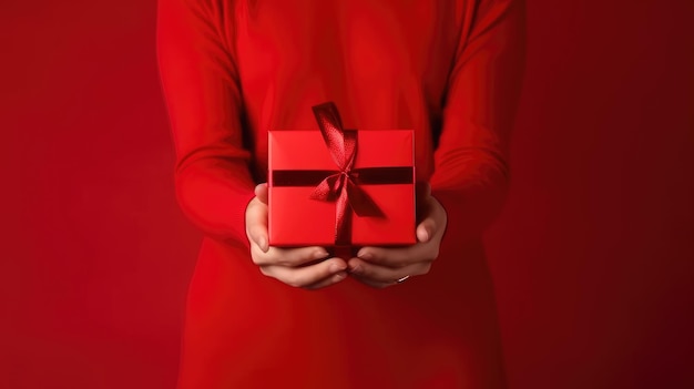 Foto di una persona che tiene in mano una scatola regalo rossa con un nastro bianco come regalo