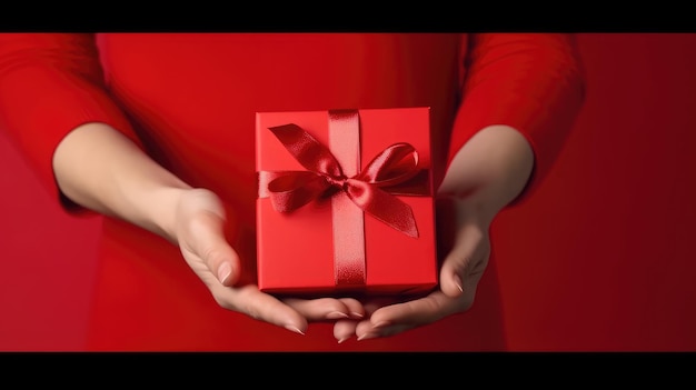 Foto di una persona che tiene in mano una scatola regalo rossa con un nastro bianco come regalo