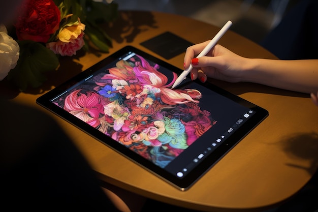 Foto di una persona che usa uno stilo digitale su un tablet Generative AI