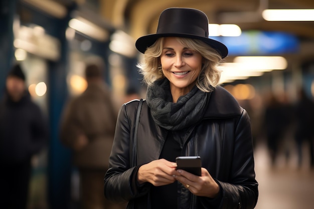 Foto di una persona che utilizza lo smartphone nella stazione ferroviaria