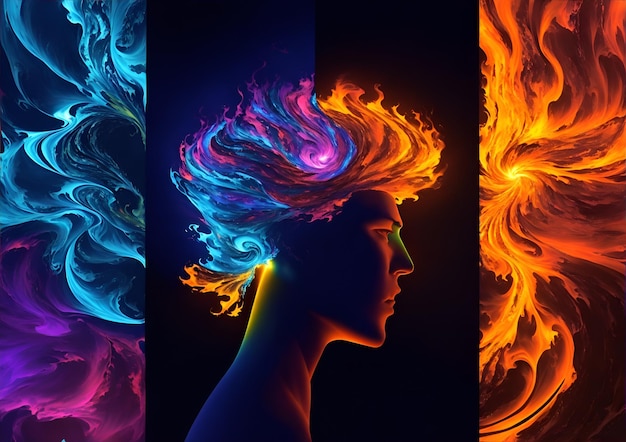 Foto di una persona con i capelli fiammeggianti color neon che crea un aspetto artistico e astratto