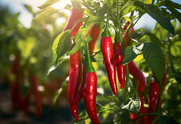 Foto di una pianta di peperoncino rosso con una piantagione agricola di peperoncino rosso maturo