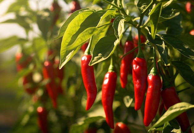 Foto di una pianta di peperoncino rosso con una piantagione agricola di peperoncino rosso maturo