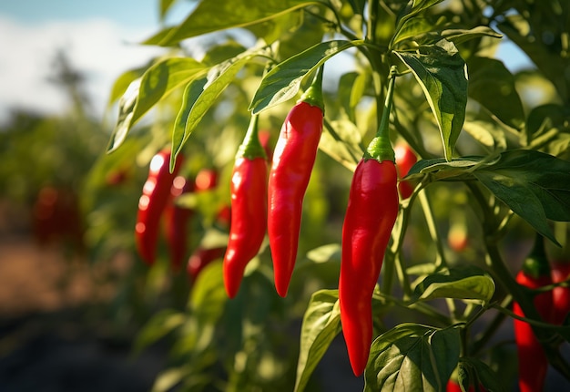 Foto di una pianta di peperoncino rosso con una piantagione agricola di peperoncino rosso maturo