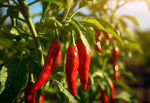 Foto di una pianta di peperoncino rosso con una piantagione agricola di peperoncino rosso maturo