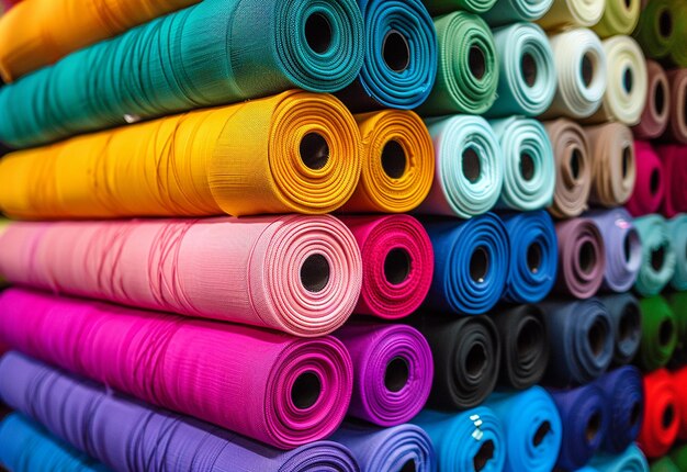 Foto di una pila di diversi colori rotoli di tessuto per abbigliamento rotoli di stoffa scaffali di negozi