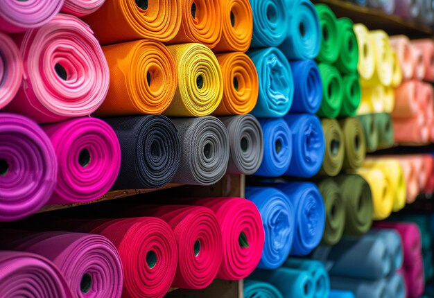 Foto di una pila di diversi colori rotoli di tessuto per abbigliamento rotoli di stoffa scaffali di negozi