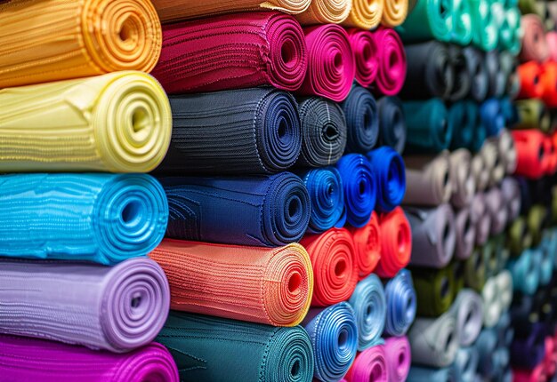 Foto di una pila di diversi colori rotoli di tessuto per abbigliamento rotoli di stoffa scaffali di negozi