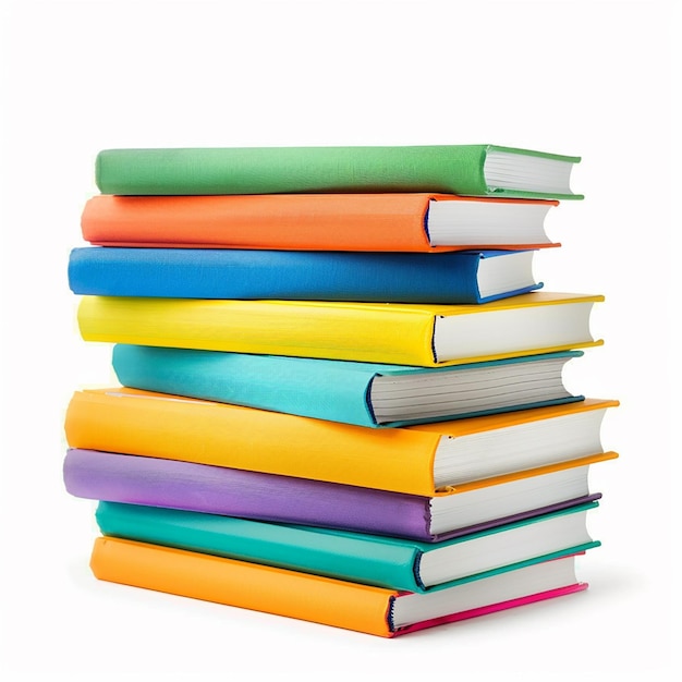 Foto di una pila di libri scolastici colorati su uno sfondo bianco isolato