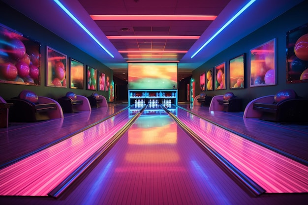 Foto di una pista da bowling retro con luci al neon AI generativa