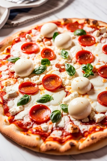 foto di una pizza con mozzarella in un negozio con sfondo bianco