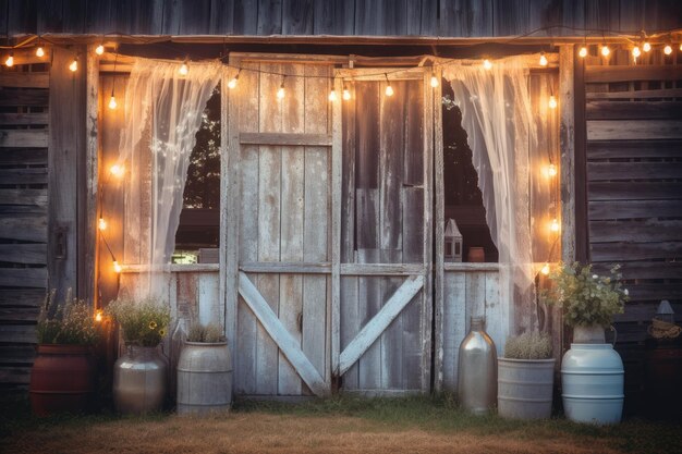 foto di una porta del fienile con luci e tende per la fotografia di matrimonio backdrop mockup