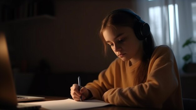 Foto di una ragazza adolescente che studia indossando le cuffie