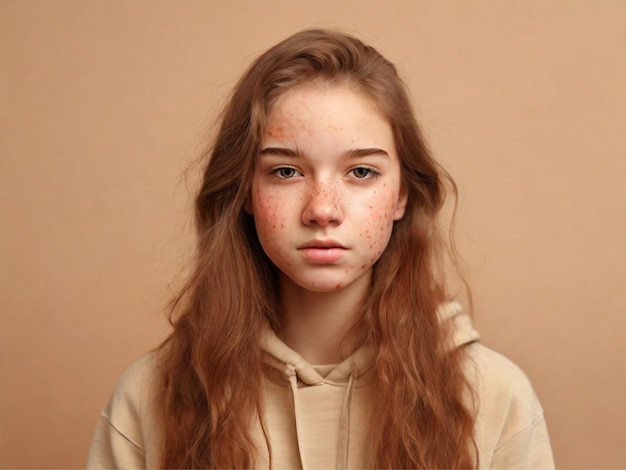 Foto di una ragazza adolescente con problemi di acne su sfondo beige in primo piano