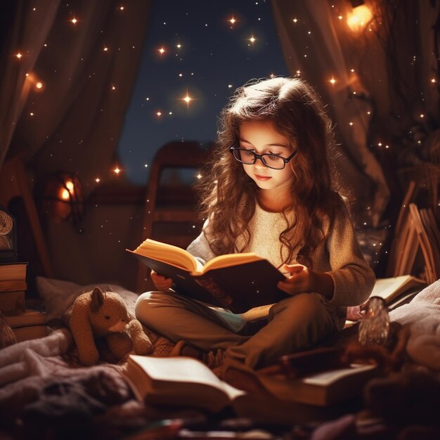Foto di una ragazza adorabile che legge un concetto di narrazione
