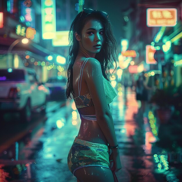 Foto di una ragazza al neon nella città notturna