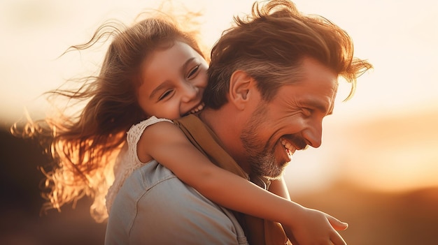 Foto di una ragazza carina che abbraccia suo padre, un sorriso carino, padre e figlia felici