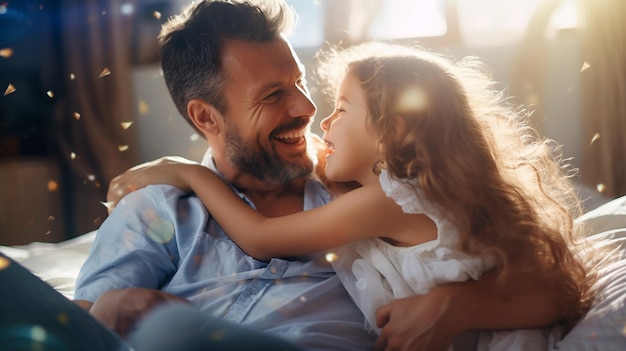 Foto di una ragazza carina che abbraccia suo padre, un sorriso carino, padre e figlia felici