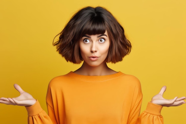 Foto di una ragazza carina impressionata con i capelli bob vestita con una camicia senza spalle che fissa uno sconto inaspettato