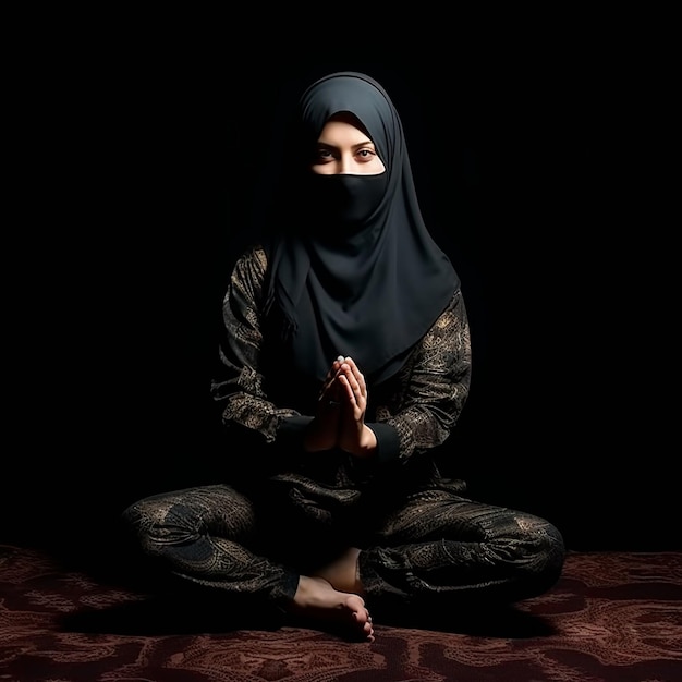 foto di una ragazza che indossa l'hijab che fa yoga e meditazione davanti al muro di colore nero