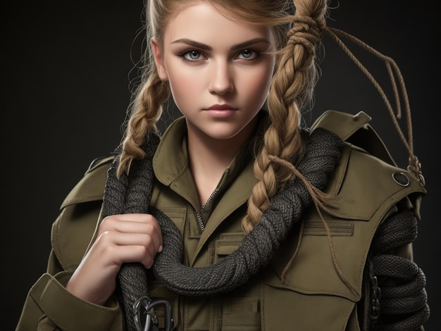 Foto di una ragazza che indossa un giubbotto in stile militare generato dall'AI