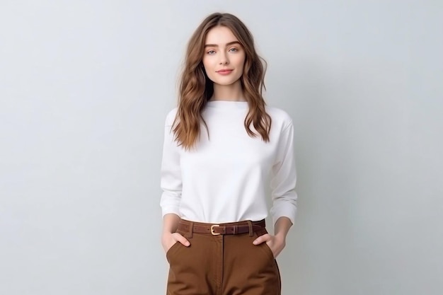 foto di una ragazza in camicia e jeans marroni con spazio per il testo