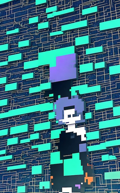 Foto di una ragazza pixel art con i capelli blu