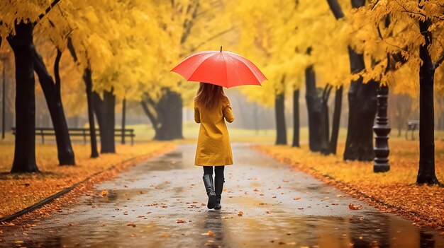 Foto di una ragazza sola in autunno sulla strada del parco con un ombrello giallo in tempo di pioggia