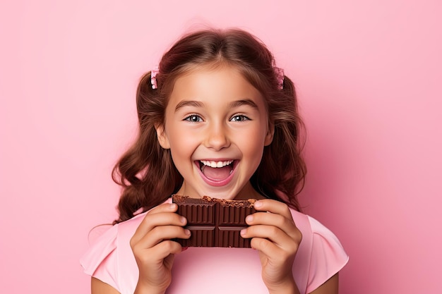 Foto di una ragazzina gentile che mangia cioccolato indossa una maglietta isolata su uno sfondo rosa cibo malsano