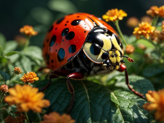 Foto di una ripresa cinematografica di coccinella ripresa macro di sfondo all'aperto della natura