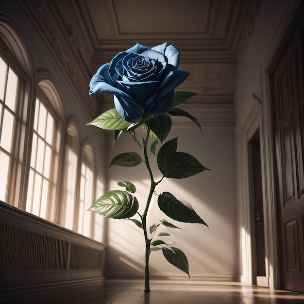 Foto di una rosa blu in una stanza con una finestra