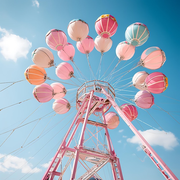 Foto di una ruota panoramica e di palloncini rosa drammaticamente vicini