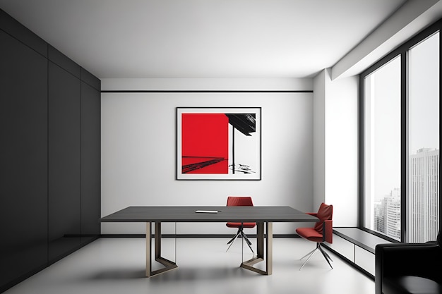 Foto di una sala da pranzo minimalista in bianco e nero con sedie rosse audaci