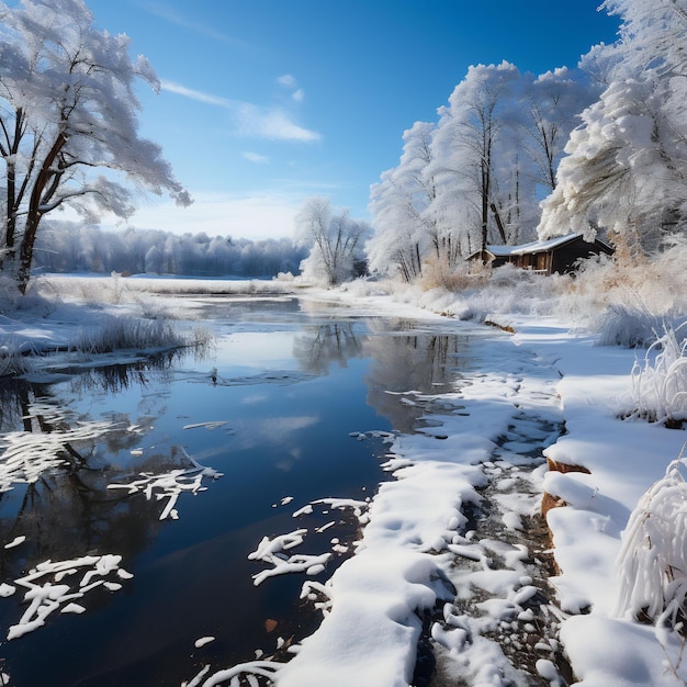 foto di una scena invernale su un lago tranquillo neve in un soleggiato giorno d'inverno luce del giorno cinematografico colorato