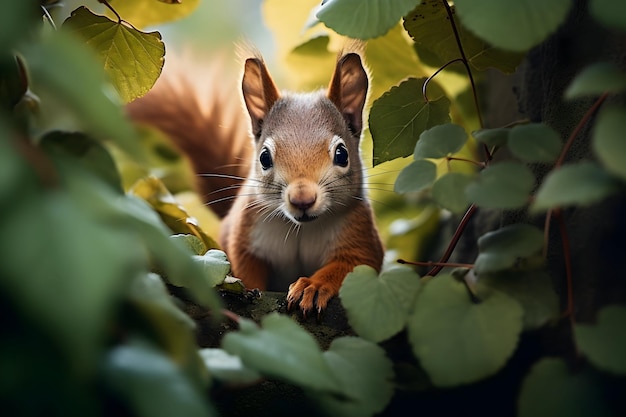 Foto di una scoiattola vicino alle foglie di edera