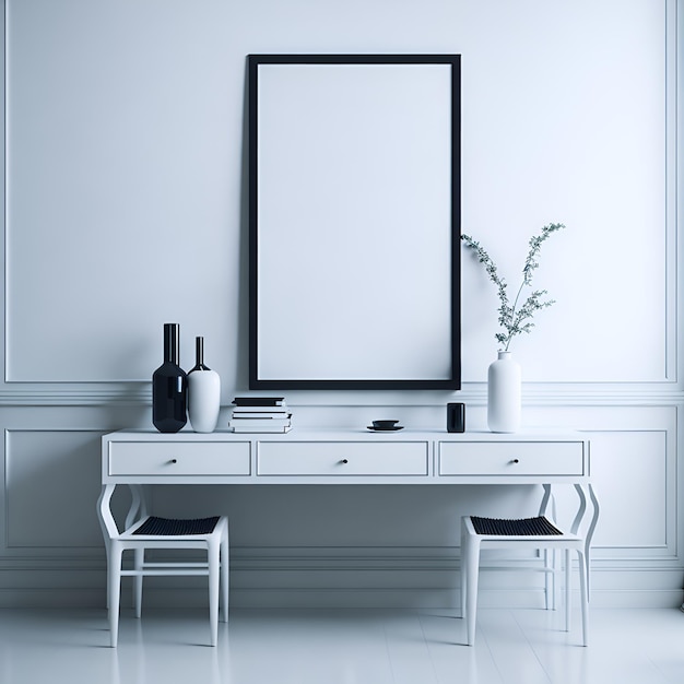 Foto di una scrivania bianca con uno specchio e due vasi in stile minimalista