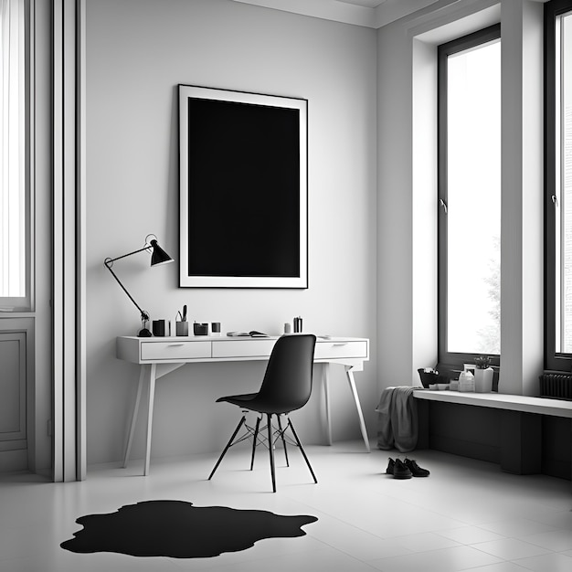Foto di una scrivania e di una sedia d'epoca in bianco e nero