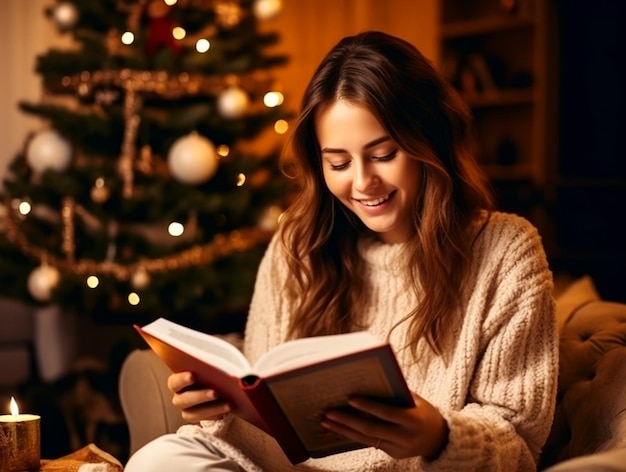 Foto di una signora che legge un libro di carta con un sorriso seduta sul divano e indossa un maglione nella stanza di Natale