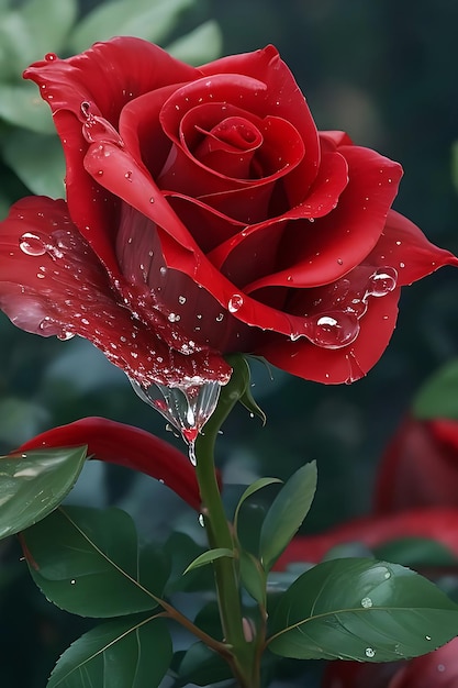 Foto di una singola rosa rossa con gocce d'acqua