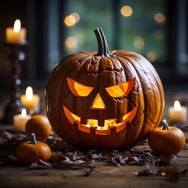 foto di una spaventosa faccia di zucca di Halloween luce notturna arancione scuro colori forti