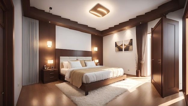 Foto di una spaziosa camera da letto con un letto king size e un tappeto shaggy bianco