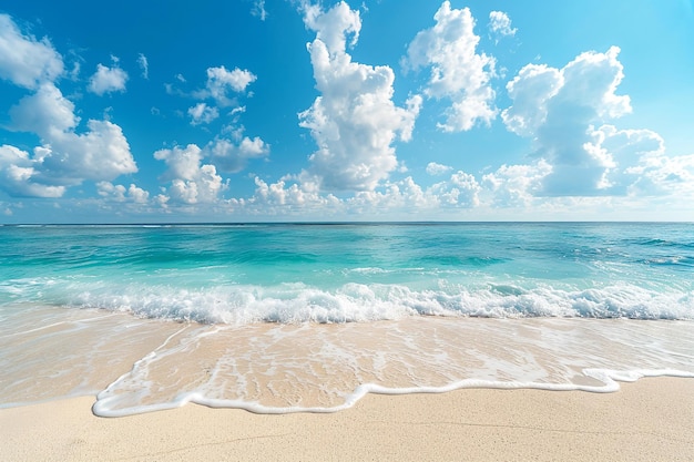 Foto di una spiaggia di sabbia vuota con mare azzurro e piccole onde Concetto di riposo estivo in luoghi esotici