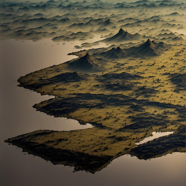 Foto di una splendida vista aerea di una maestosa catena montuosa in piedi in mezzo al mare