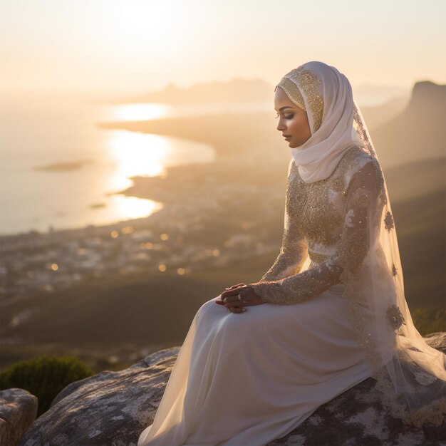 Foto di una sposa hijabi al matrimonio su Table Mountain