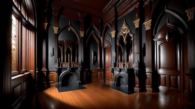 Foto di una stanza buia accogliente e invitante con un camino rustico e eleganti pannelli di legno